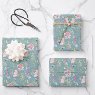 Watercolor Pink Flowers Wrapping Paper Sheet