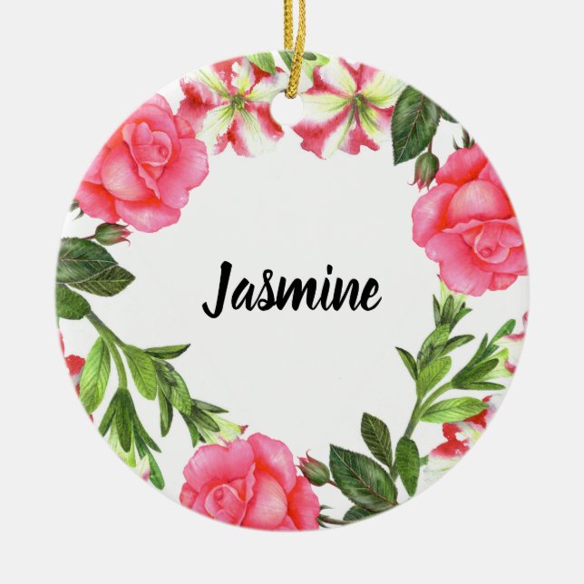 Watercolor Pink Flowers Wreath Circle Ceramic Tree Decoration (Front)