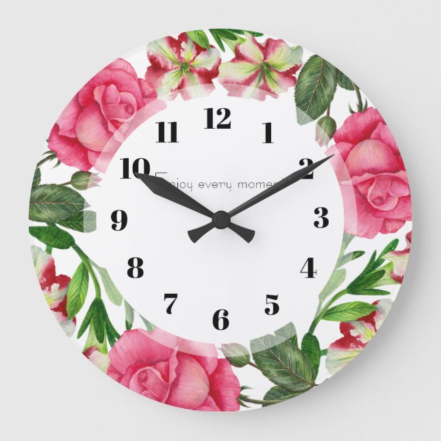 Watercolor Pink Flowers Wreath Circle Large Clock (Front)