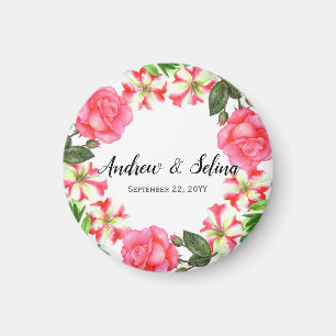 Watercolor Pink Flowers Wreath Circle Magnet