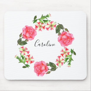 Watercolor Pink Flowers Wreath Circle Mouse Mat