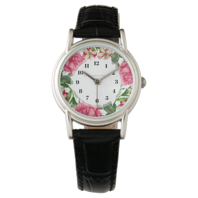 Watercolor Pink Flowers Wreath Circle Watch (Front)