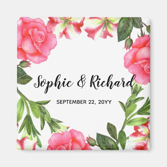 Watercolor Pink Flowers Wreath Illustration Magnet (Front)