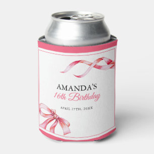 Watercolor Pink Flowing Ribbon Sweet 16 Birthday Can Cooler