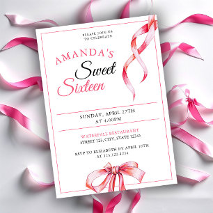 Watercolor Pink Flowing Ribbon Sweet 16 Birthday Invitation
