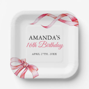 Watercolor Pink Flowing Ribbon Sweet 16 Birthday Paper Plate