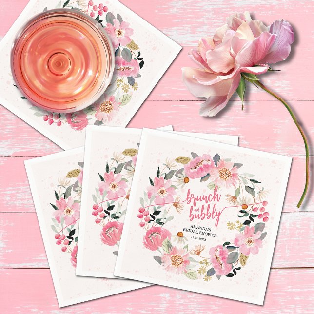 Watercolor Pink Garden Flowers Bridal Shower Napkin (Watercolor -pink garden flowers bridal shower bunch and bubbly cocktail napkins)