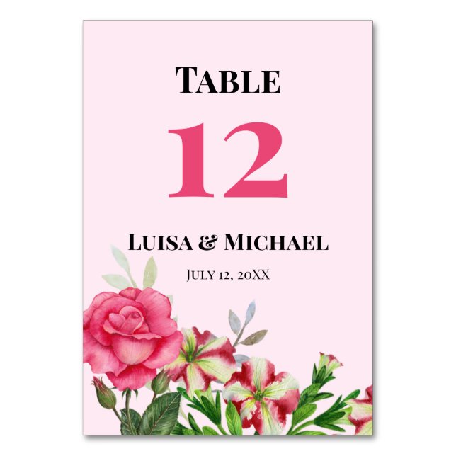 Watercolor Pink Garden Flowers Wedding Arrangement Table Number (Front)