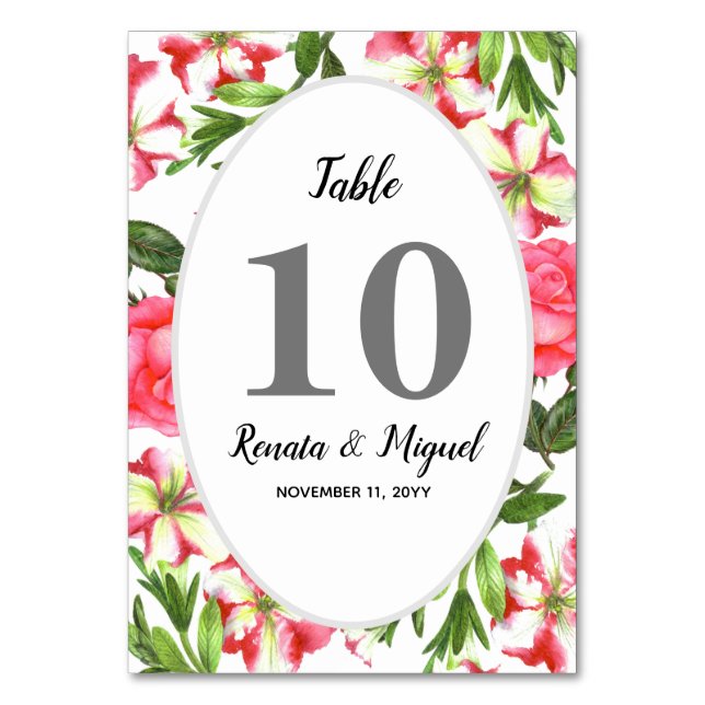 Watercolor Pink Garden Flowers Wreath Design Table Number (Front)