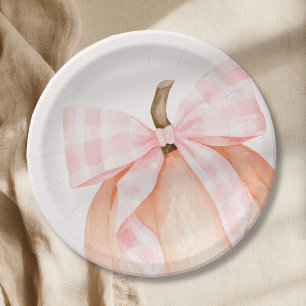 Watercolor Pink Gingham Bow Pumpkin Baby Shower Paper Plate