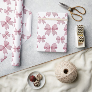 Watercolor Pink Gingham Bow Wrapping Paper