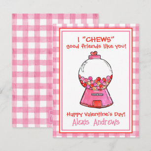 Watercolor Pink Gingham Gumballs Valentine's Cards