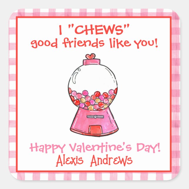 Watercolor Pink Gingham Gumballs Valentine's Square Sticker (Front)
