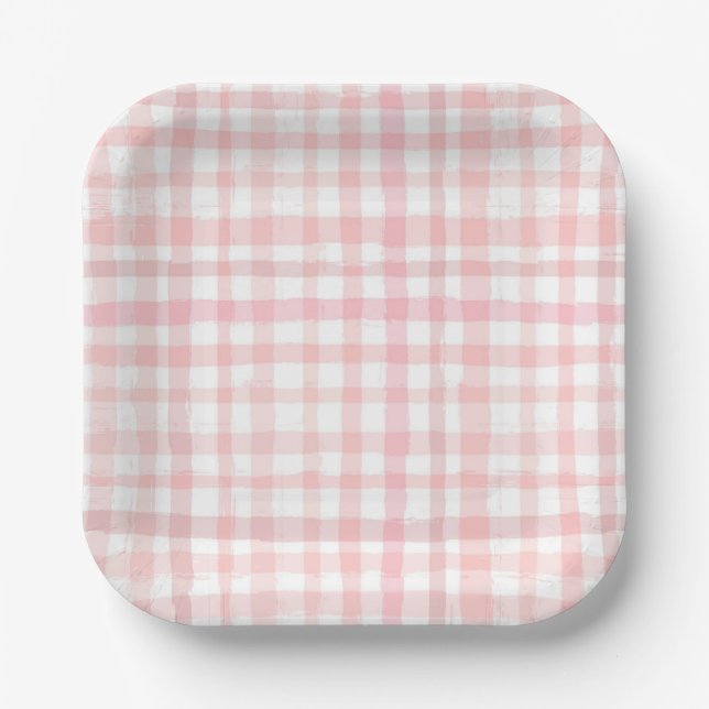 Watercolor Pink Gingham Paper Plates (Front)