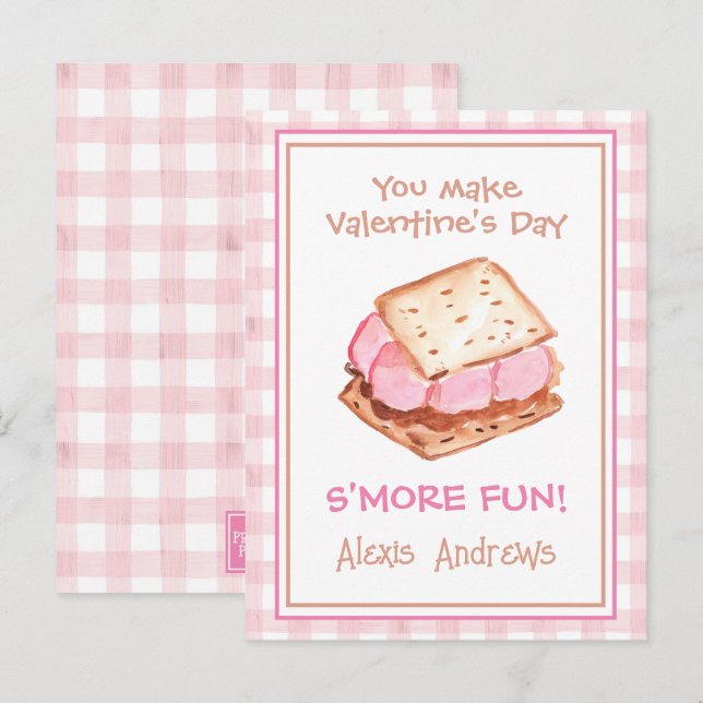Watercolor Pink Gingham S'mores Valentine's Cards (Front/Back)