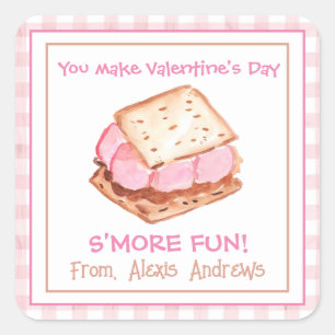 Watercolor Pink Gingham S'mores Valentine's Square Sticker