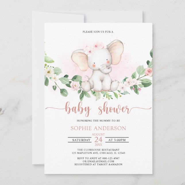 Watercolor Pink Girl Baby Elephant Baby Shower Invitation (Front)