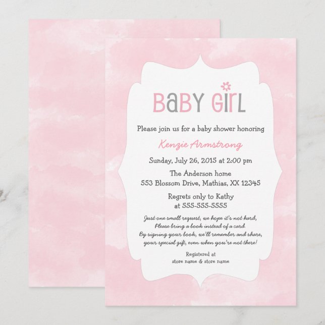Watercolor Pink Girl Baby Shower + bring a book Invitation (Front/Back)