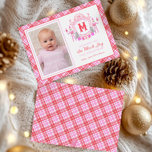 Watercolor Pink Girl Elf Monogram Crest Holiday Card