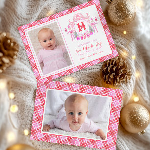 Watercolor Pink Girl Elf Monogram Crest Holiday Card
