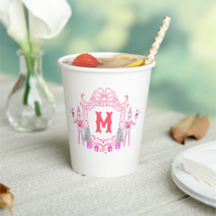 Watercolor Pink Girl Elf Monogram Crest Paper Cups