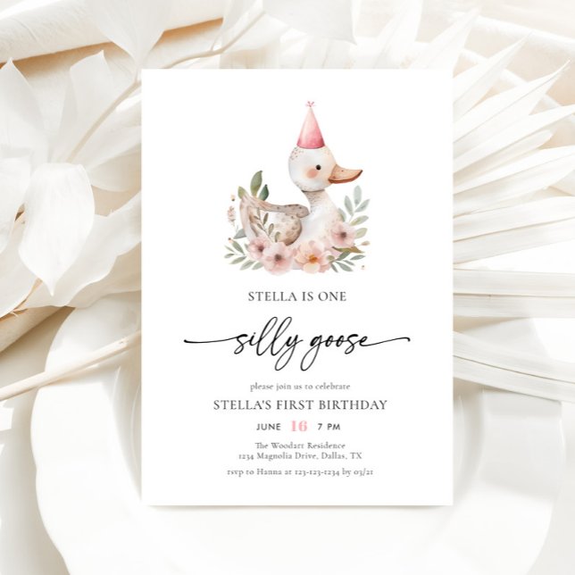 Watercolor Pink Girl One Silly Goose 1st Birthday Invitation (Creator Uploaded)