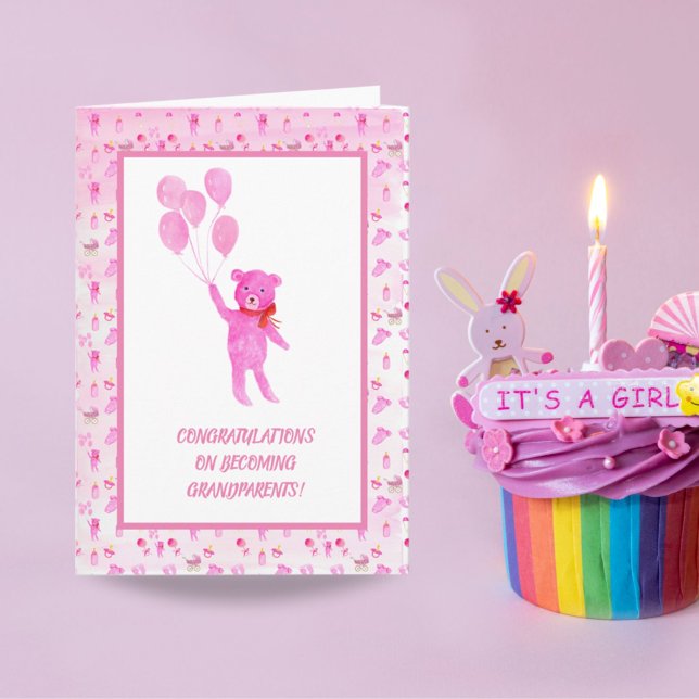 Watercolor Pink Girl Teddy Bear Grandparents Card (Creator Uploaded)