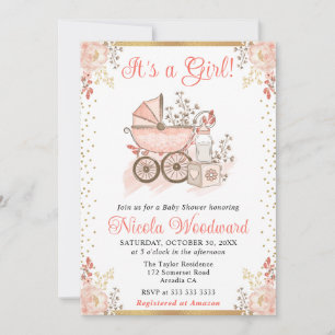 Watercolor Pink Girl Toys and Pram Baby Shower Invitation