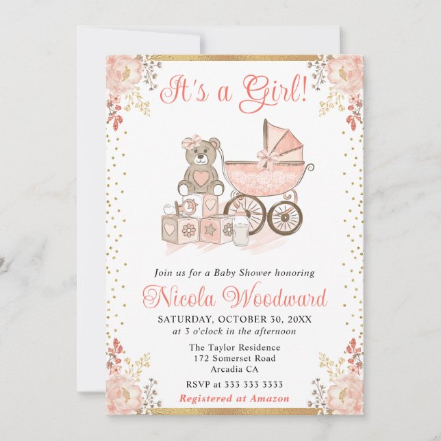 Watercolor Pink Girl Toys and Pram Baby Shower Invitation (Front)