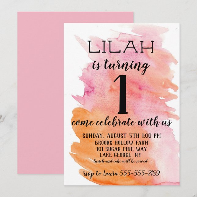 Watercolor Pink Girl's Birthday Invitation (Front/Back)