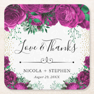 Watercolor Pink Glam Roses Wedding Square Paper Coaster