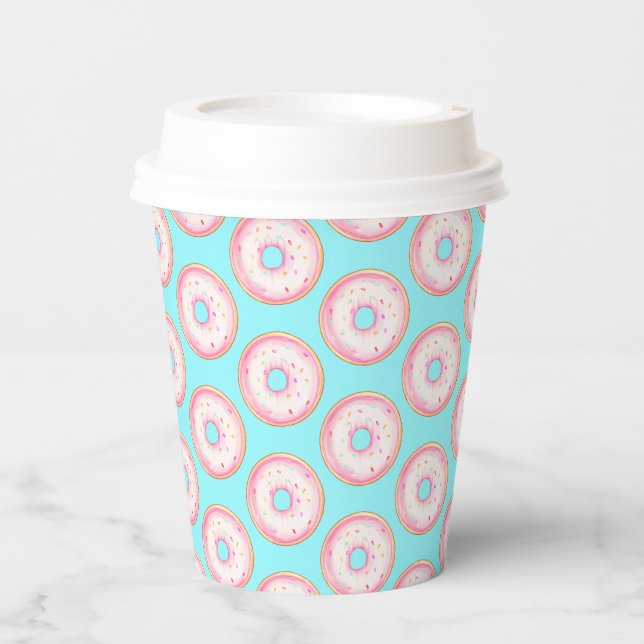 Watercolor Pink Glazed Sprinkle Doughnuts Paper Cups (Front)