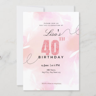 Watercolor Pink glitter 40th birthday  Invitation