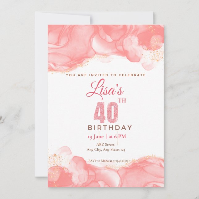 Watercolor Pink glitter 40th birthday  Invitation (Front)