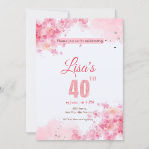 Watercolor Pink glitter 40th birthday  Invitation