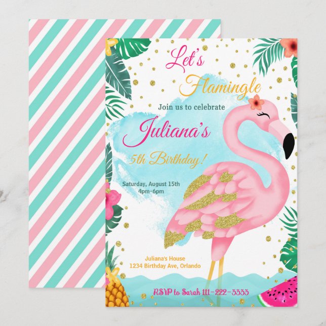 Watercolor Pink Glitter Flamingo Birthday Invite (Front/Back)