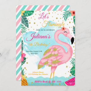 Watercolor Pink Glitter Flamingo Birthday Invite