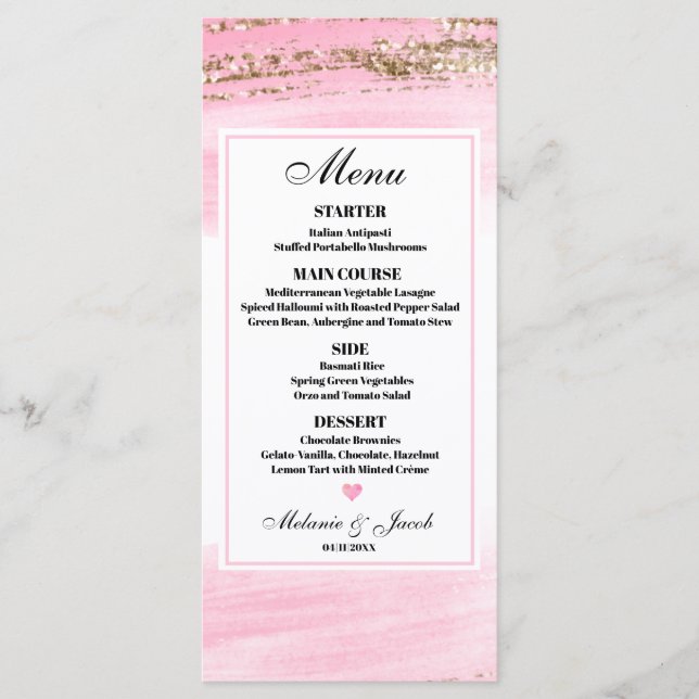 Watercolor Pink Gold 4x9 flat Menu Card (Front)