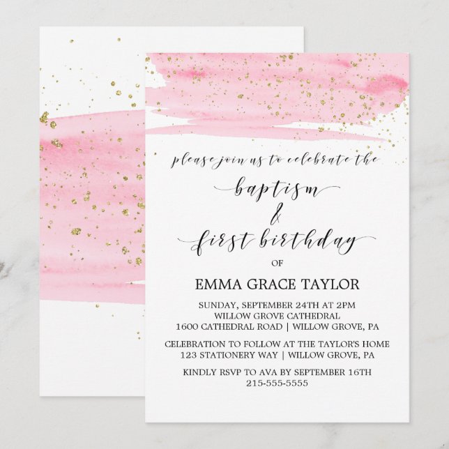 Watercolor Pink & Gold Baptism & 1st Birthday Invitation (Front/Back)