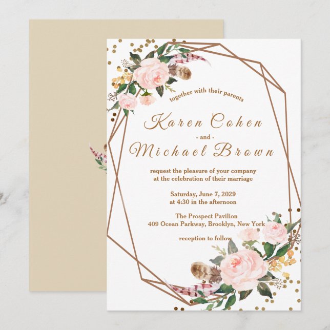Watercolor Pink & Gold Boho Chic Floral Wedding Invitation (Front/Back)
