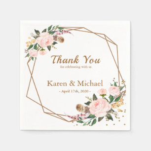 Watercolor Pink & Gold Boho Chic Floral Wedding Napkin