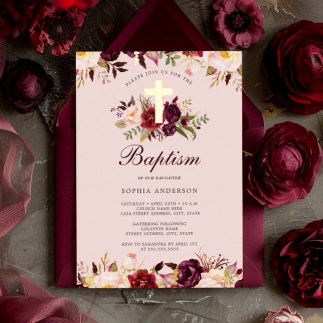 Watercolor Pink Gold Burgundy Floral Baptism  (Creator Uploaded)