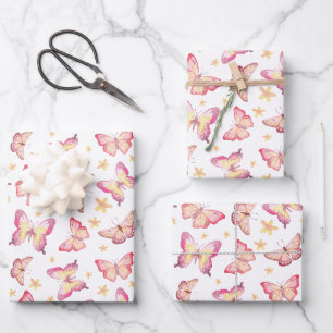 Watercolor Pink & Gold Butterflies Pattern Wrapping Paper Sheet