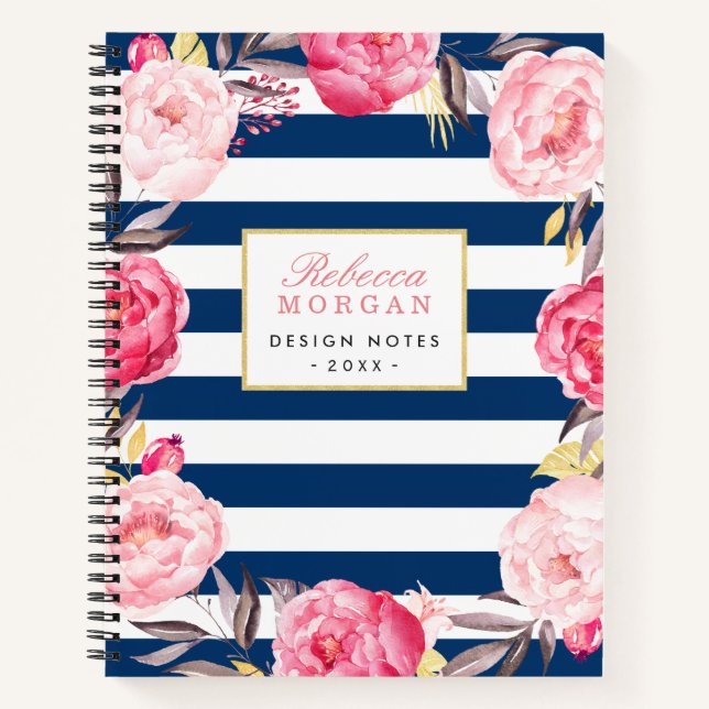 Watercolor Pink Gold Floral Navy Blue Stripes Notebook (Front)