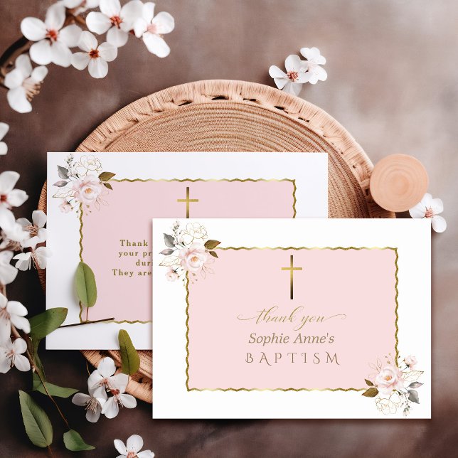 Watercolor Pink Gold Flowers Girl Baptism Thank You Card (Creator Uploaded)