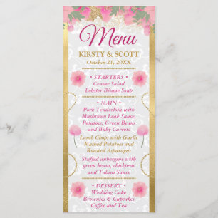 Watercolor Pink & Gold Flowers Wedding Menu