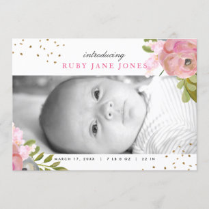 Watercolor Pink Gold Glitter Birth Announcement