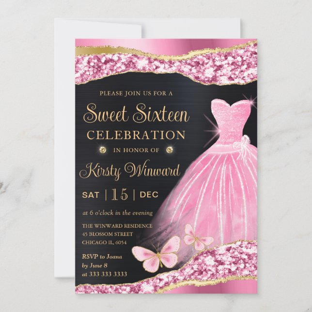 Watercolor Pink & Gold Glitter Dress Sweet Sixteen Invitation (Front)