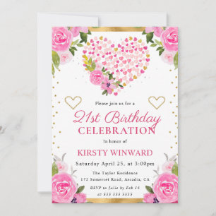 Watercolor Pink Gold Hearts Flowers 21st Birthday Invitation