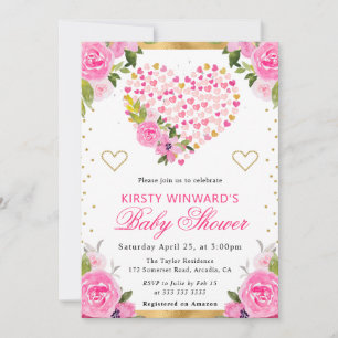Watercolor Pink Gold Hearts Flowers Baby Shower Invitation